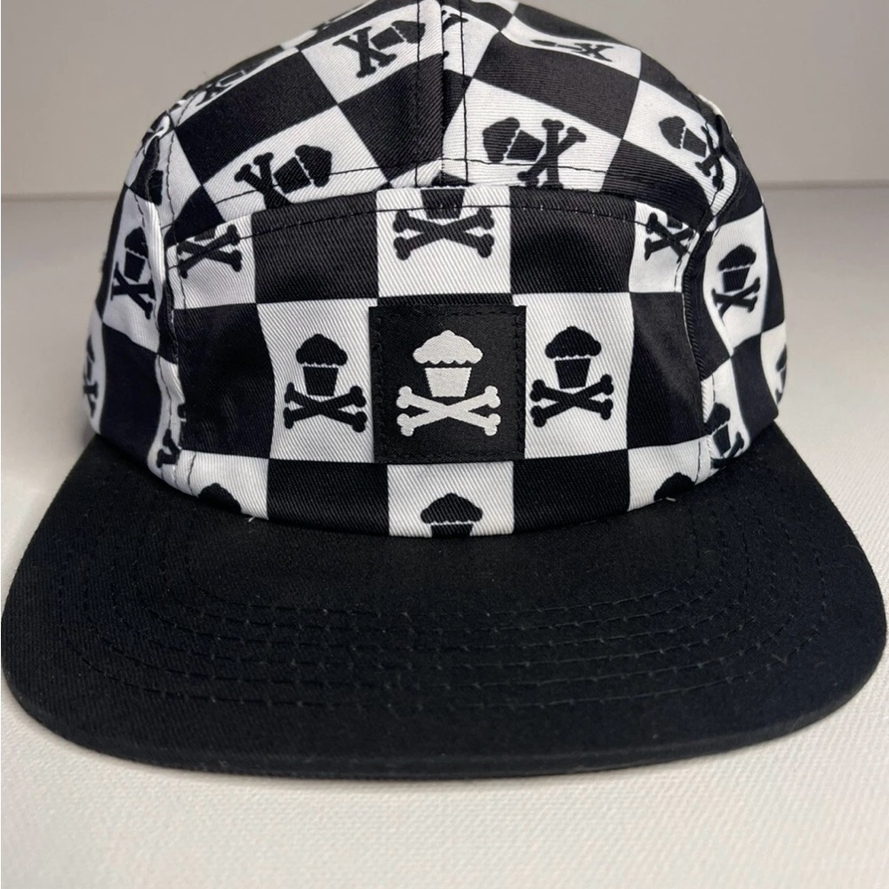 Johnny Cupcakes Checkered Skull Crossbones 5 Panel Hat Adjustable Black White
